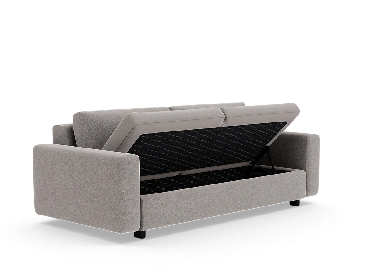 urbane EQ3 Reva Storage Sofa in light grey fabric with the seat lifted to reveal internal storage compartment