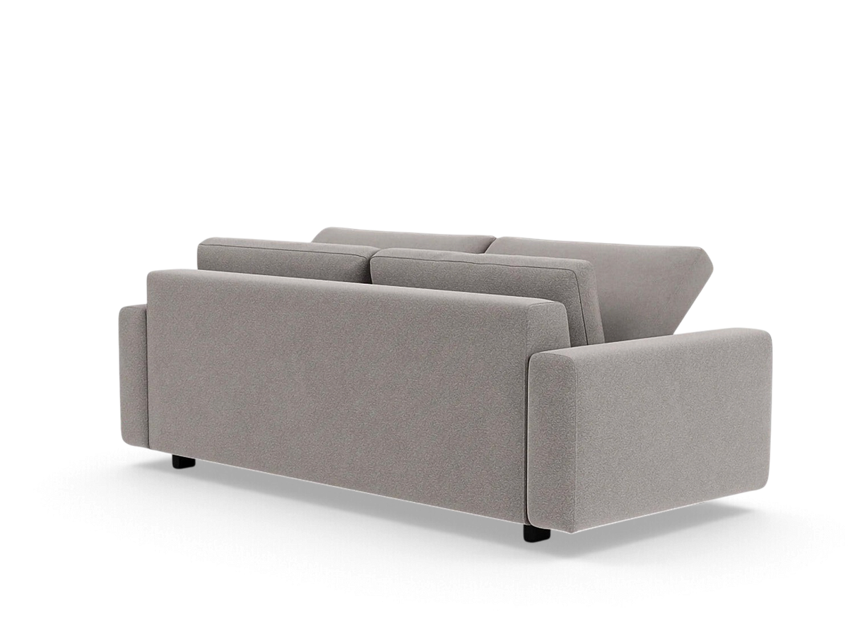 Rear view of the grey upholstered urbane EQ3 Reva Storage Sofa with a sleek, compact design on a white background.