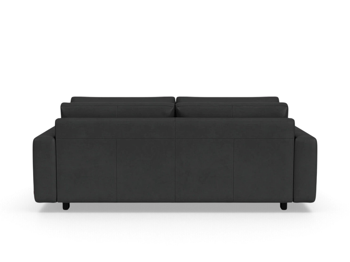 Back view of the urbane EQ3 Reva Storage Sofa in a sleek dark grey upholstery with a clean, modern silhouette.