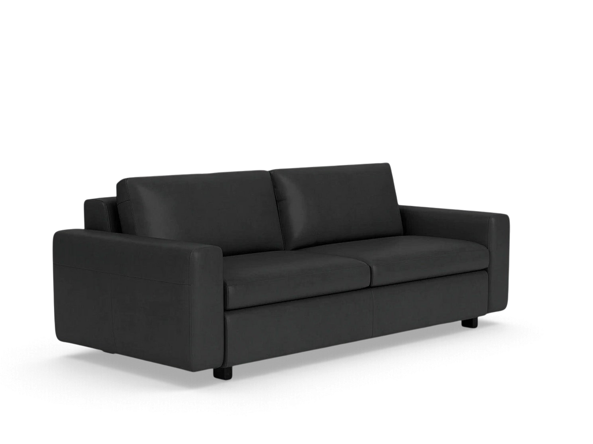 urbane EQ3 Reva storage sofa in a sleek black upholstery with a modern minimalist design and compact silhouette.