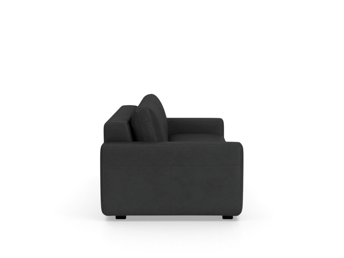 Side view of the urbane EQ3 Reva Storage Sofa in dark grey upholstery with a sleek, compact silhouette.