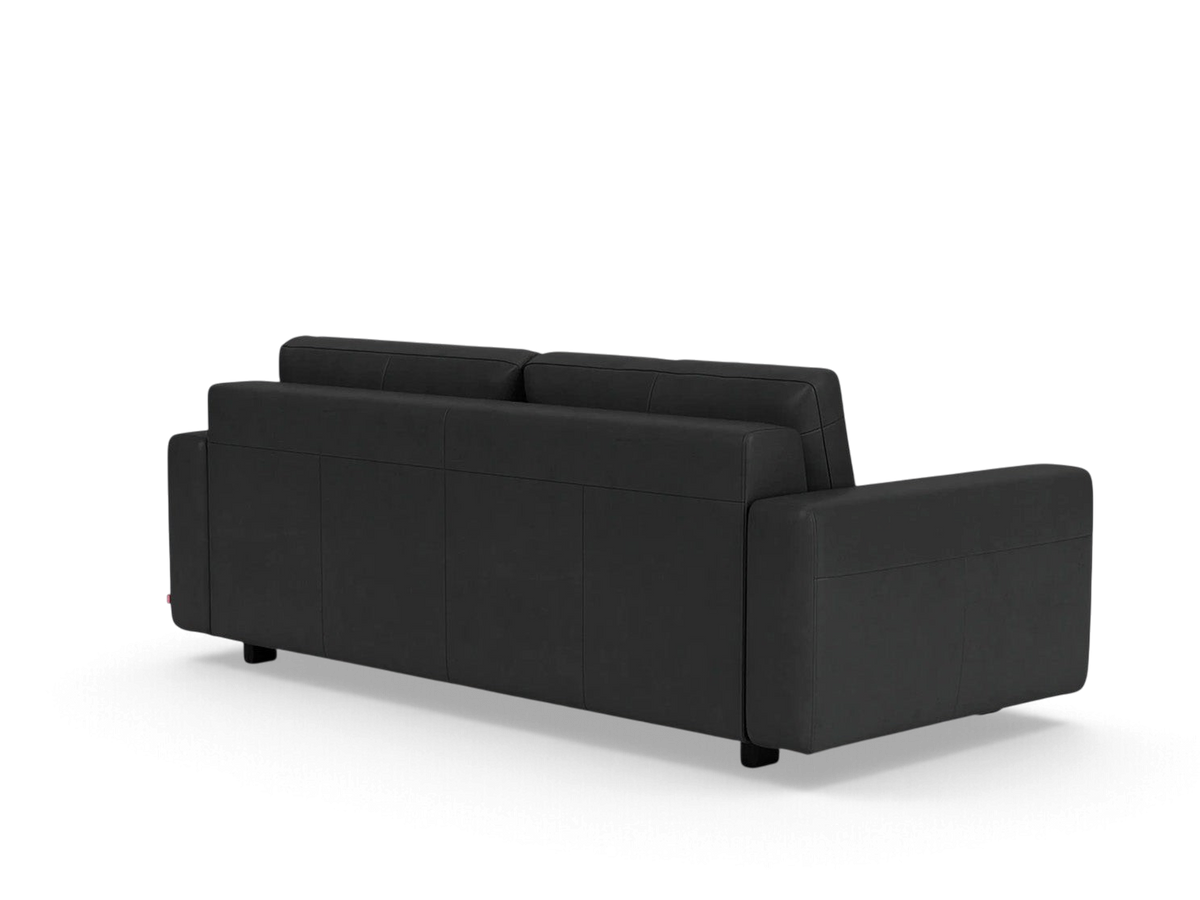 urbane EQ3 Reva Storage Sofa in black leather with a sleek, compact silhouette and built-in storage functionality.
