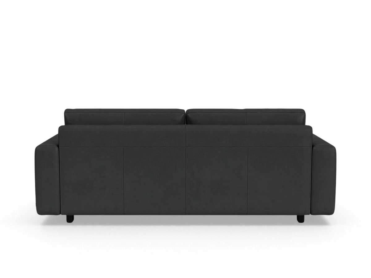 Back view of the urbane EQ3 Reva Storage Sofa in dark grey upholstery with a sleek, minimalist silhouette.