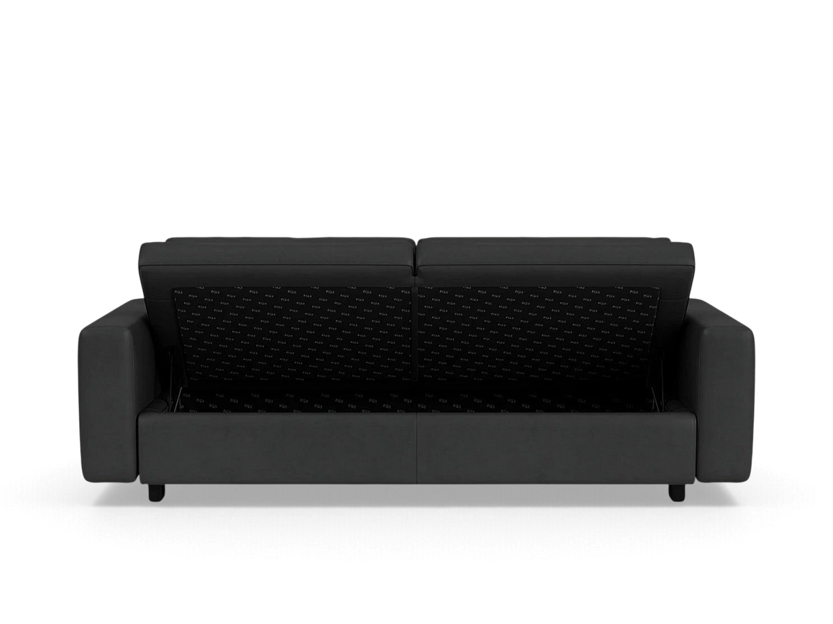 urbane EQ3 Reva Storage Sofa in black with open seat revealing internal storage compartment