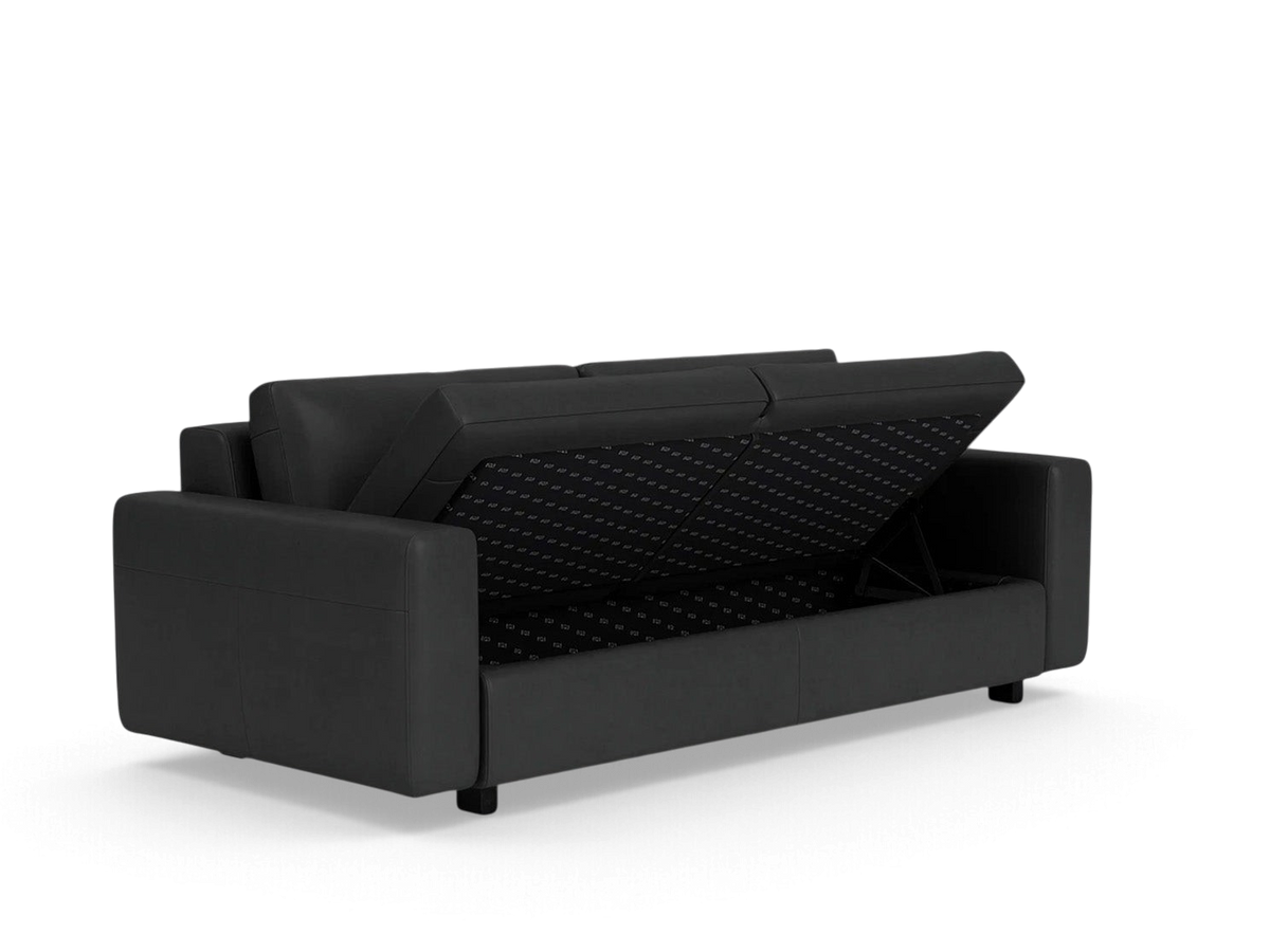 urbane EQ3 Reva Storage Sofa in black upholstery with the seat lifted to reveal internal storage compartment