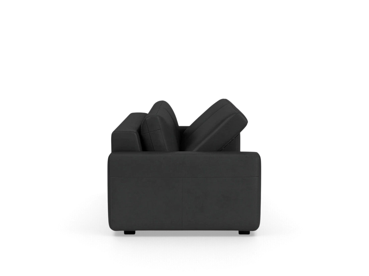 urbane EQ3 Reva Storage Sofa in black leather with a sleek, compact silhouette and side view showing storage access