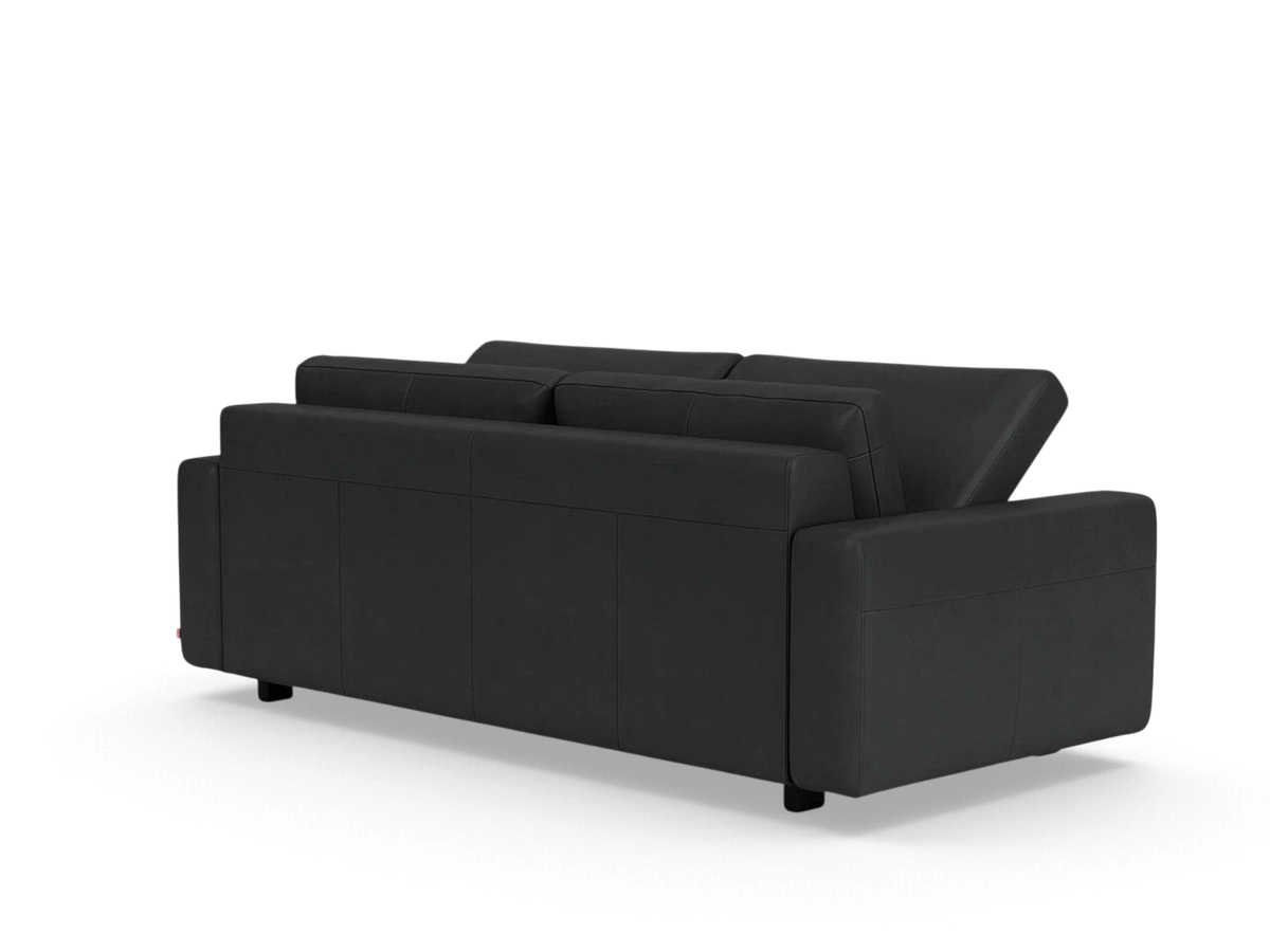 urbane EQ3 Reva Storage Sofa in black leather viewed from the back, showing its sleek, compact design.
