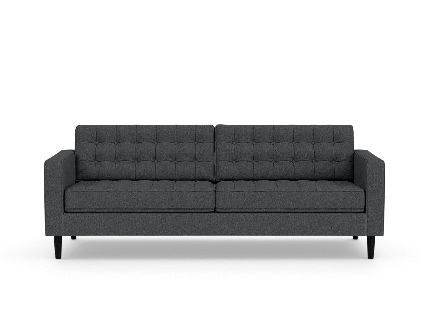 urbane EQ3 Reverie 86-inch charcoal grey sofa with button-tufted cushions and tapered wooden legs in mid-century style