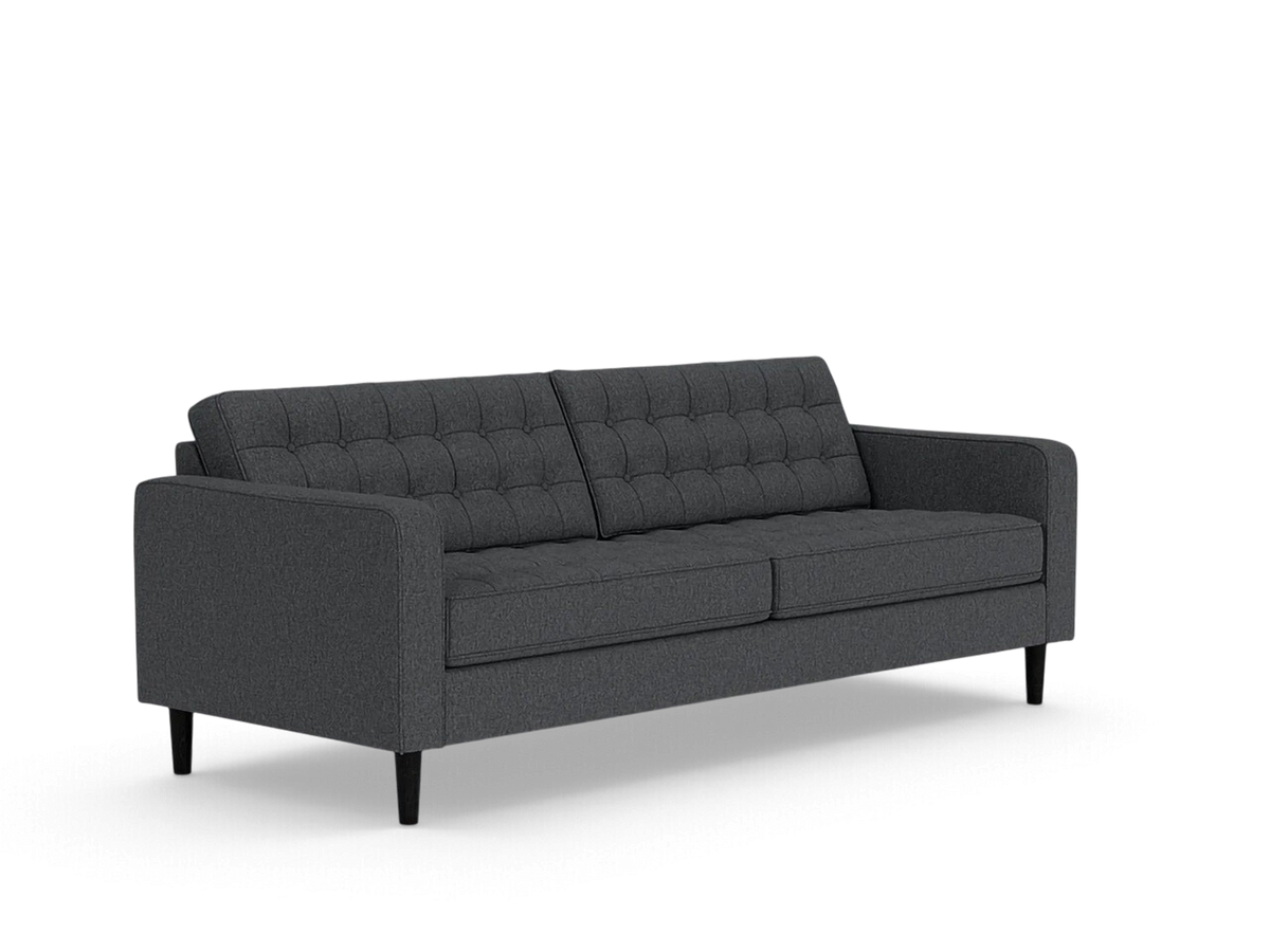 urbane EQ3 Reverie 86-inch charcoal grey mid-century modern sofa with button-tufted cushions and tapered wooden legs