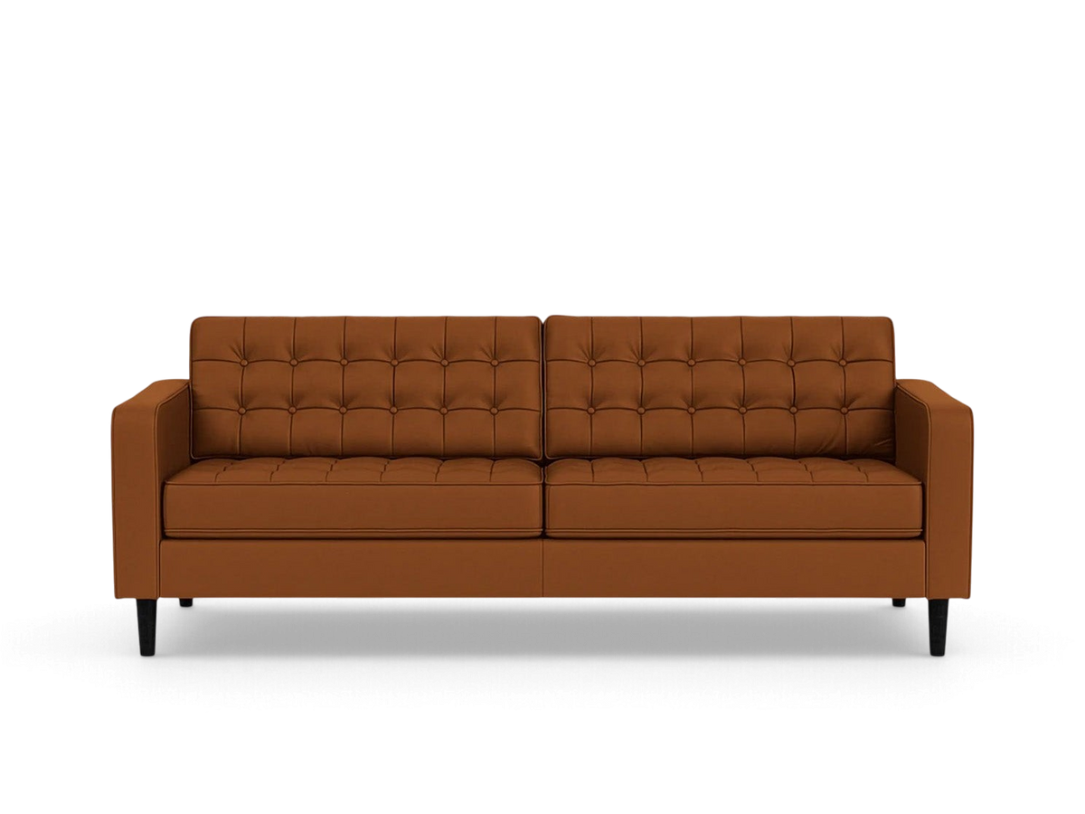 urbane EQ3 Reverie 86-inch mid-century modern sofa in brown upholstery with button-tufted cushions and tapered legs