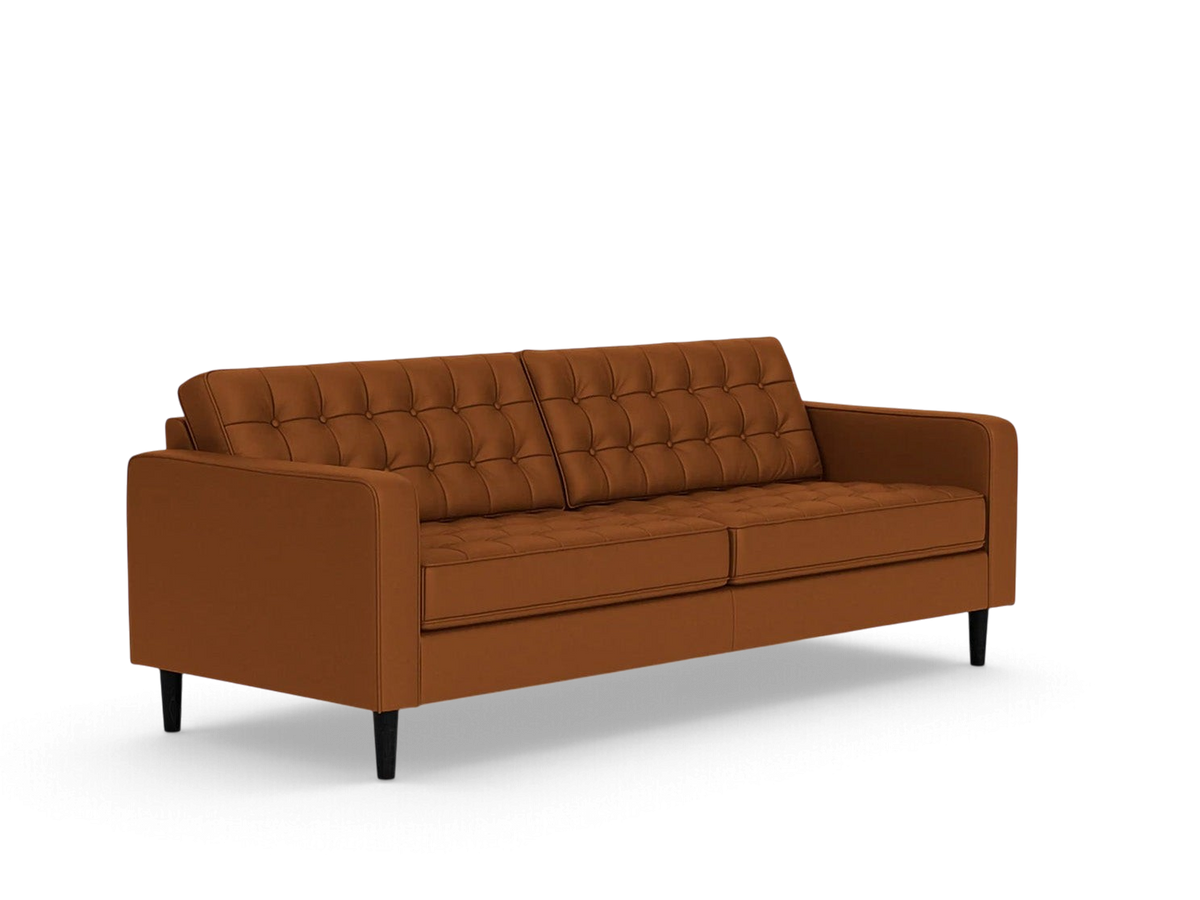 urbane EQ3 Reverie 86-inch mid-century modern sofa in brown upholstery with button-tufted cushions and tapered legs