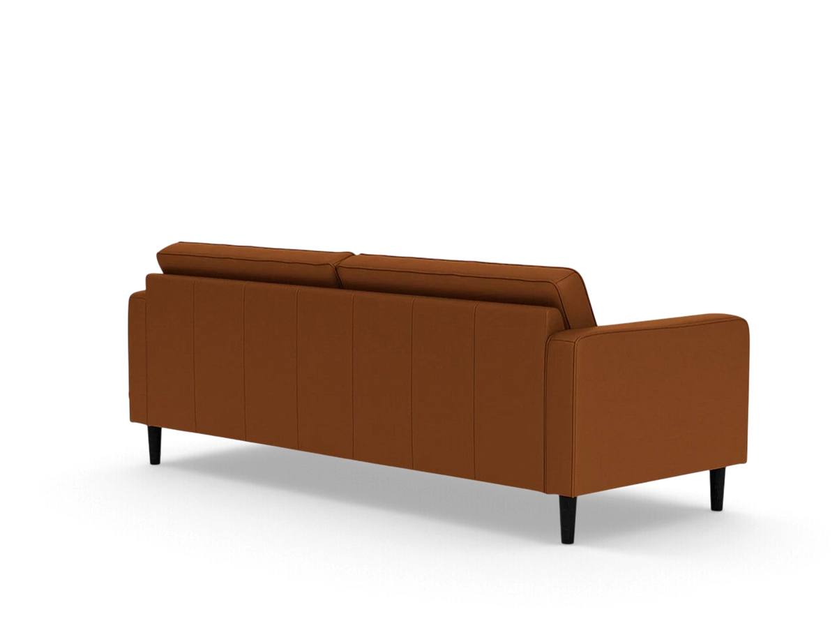 urbane EQ3 Reverie 86-inch mid-century modern sofa in brown upholstery with tapered black legs, back view
