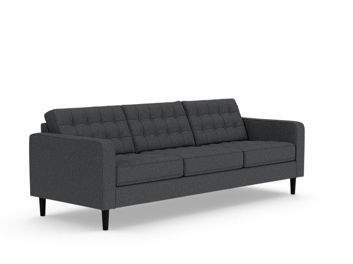 urbane EQ3 Reverie 92-inch charcoal grey mid-century modern sofa with button-tufted cushions and tapered wooden legs