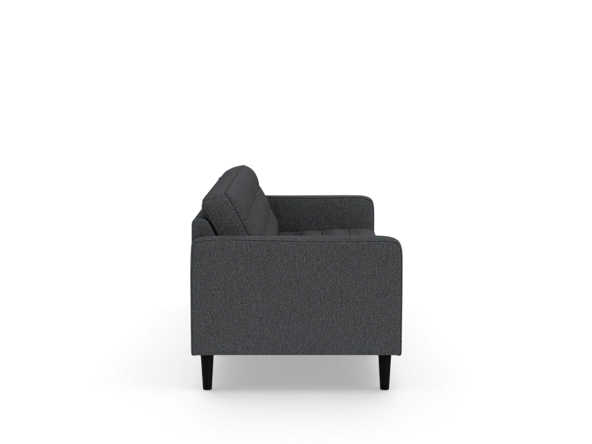 urbane EQ3 Reverie 92-inch sofa in dark grey fabric with button-tufted cushions and tapered black wooden legs