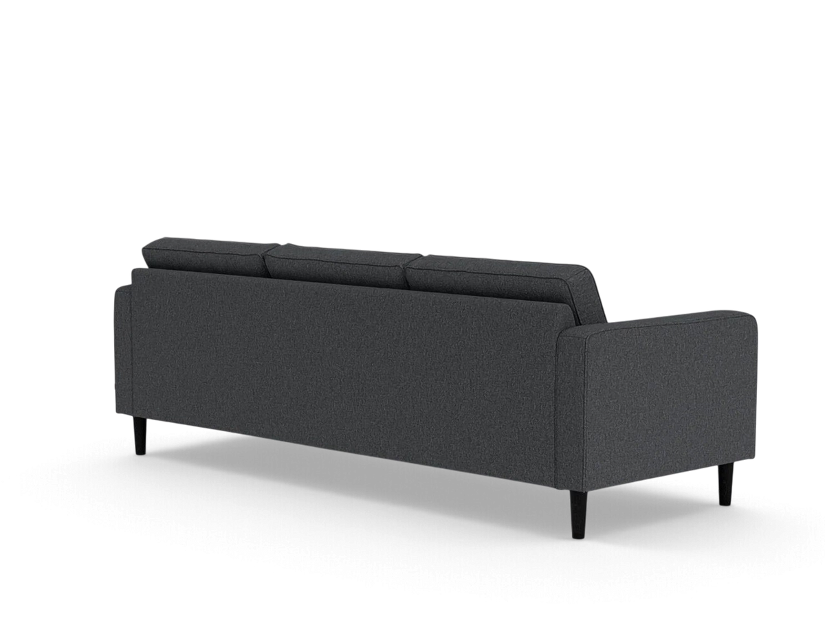 urbane EQ3 Reverie 92-inch sofa in dark grey fabric with mid-century modern tapered legs, rear view