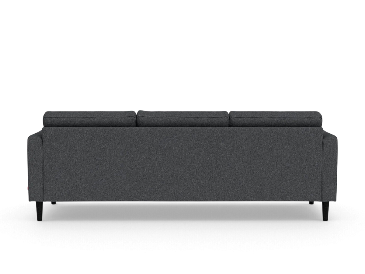urbane EQ3 Reverie 92-inch sofa in dark grey fabric with a mid-century modern design and tapered wooden legs