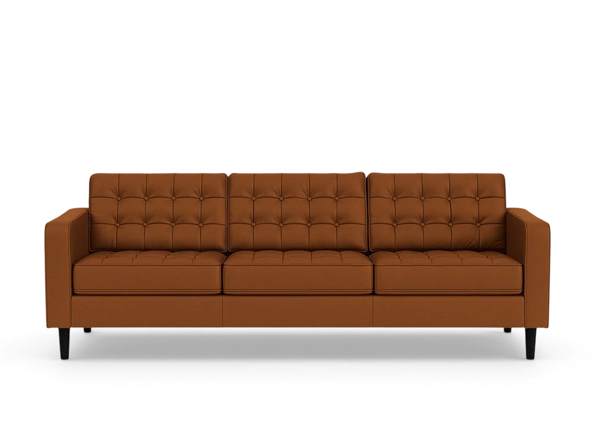 urbane EQ3 Reverie 92-inch mid-century modern sofa in brown upholstery with button-tufted cushions and tapered legs.
