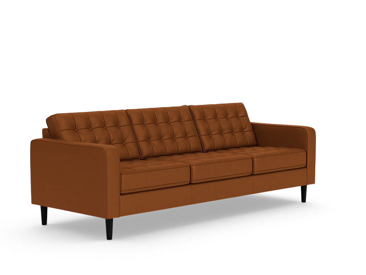 urbane EQ3 Reverie 92-inch mid-century modern sofa in brown fabric with button-tufted cushions and tapered black legs