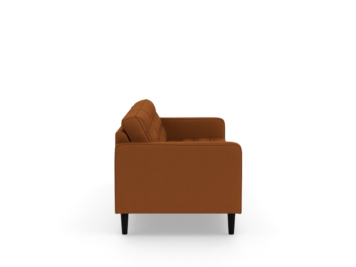 urbane EQ3 Reverie 92-inch sofa in a warm brown fabric with button-tufted cushions and tapered black wooden legs