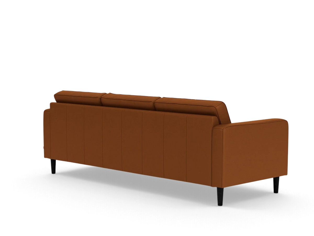 urbane EQ3 Reverie 92-inch sofa in a rich brown fabric with a mid-century modern design and tapered black legs