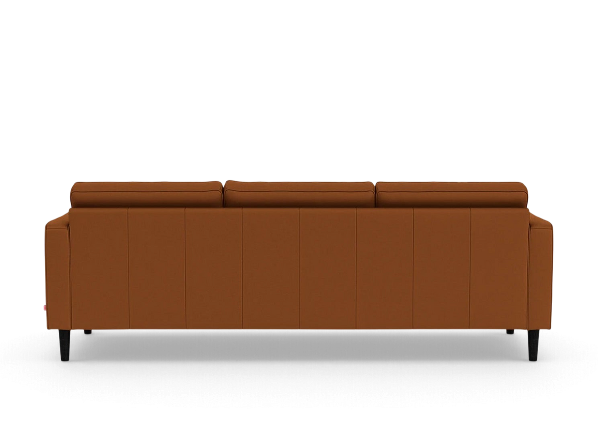 urbane EQ3 Reverie 92-inch sofa in a rich brown fabric with a clean back view and tapered black wooden legs.