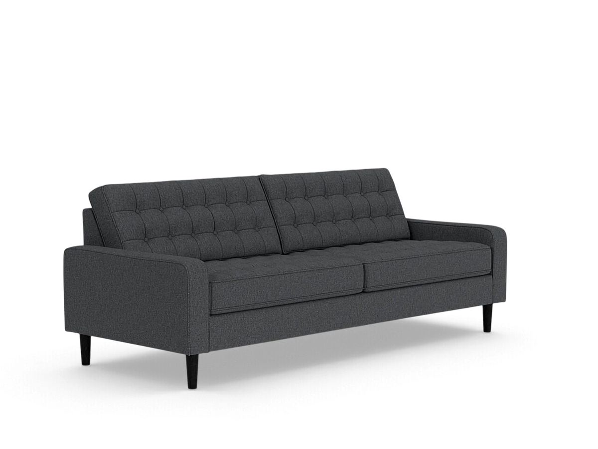 urbane EQ3 Reverie 86-inch charcoal grey button-tufted mid-century modern sofa with tapered wooden legs