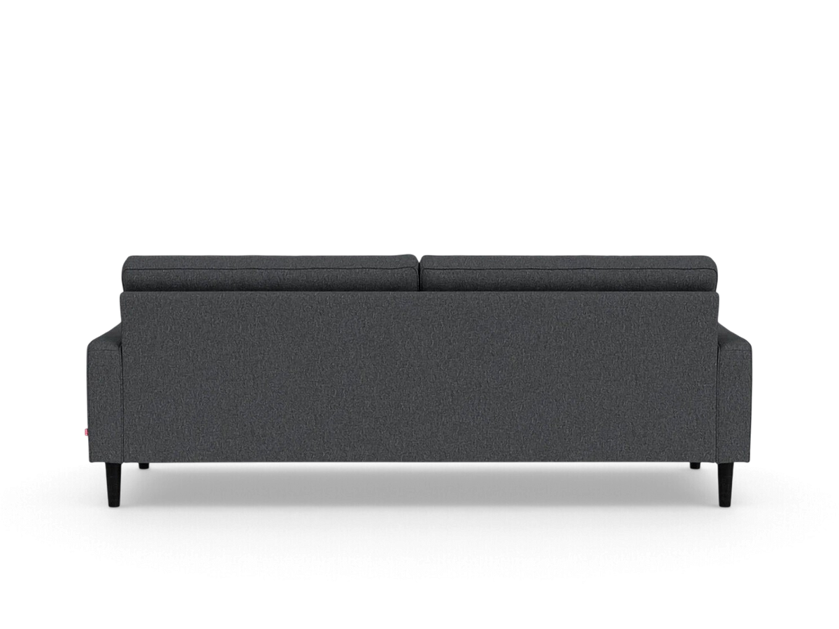 urbane EQ3 Reverie 86 inch sofa in dark grey fabric with a mid-century modern design and tapered wooden legs