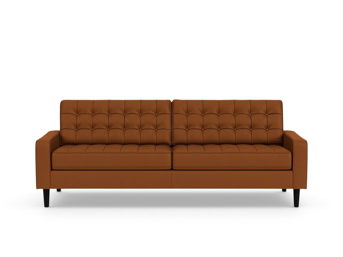 urbane EQ3 Reverie 86-inch mid-century modern sofa in brown upholstery with button-tufted cushions and tapered legs