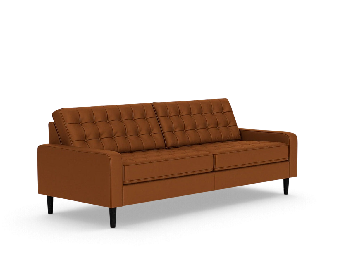 urbane EQ3 Reverie 86-inch mid-century modern sofa in cognac leather with button-tufted cushions and tapered legs