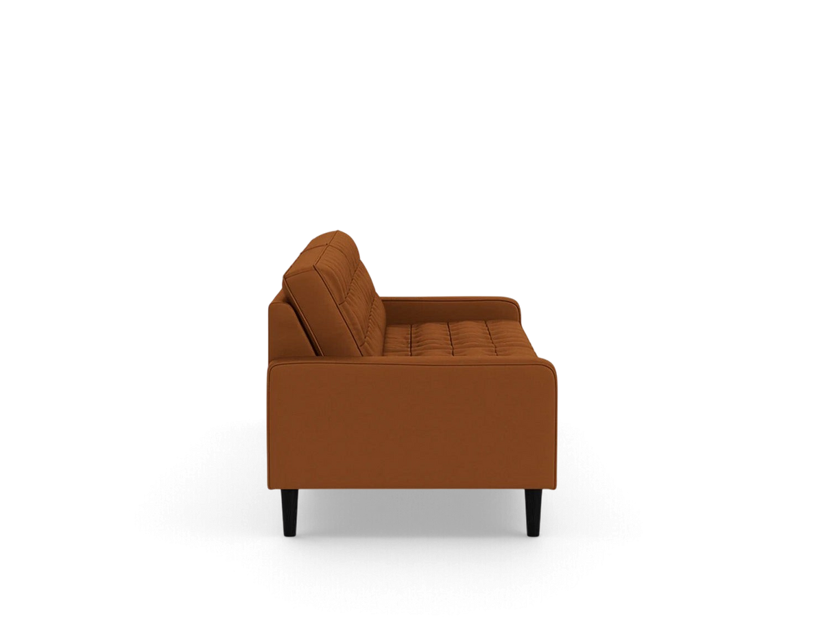 urbane EQ3 Reverie 86 inch sofa in rust orange fabric with button-tufted cushions and tapered black wooden legs