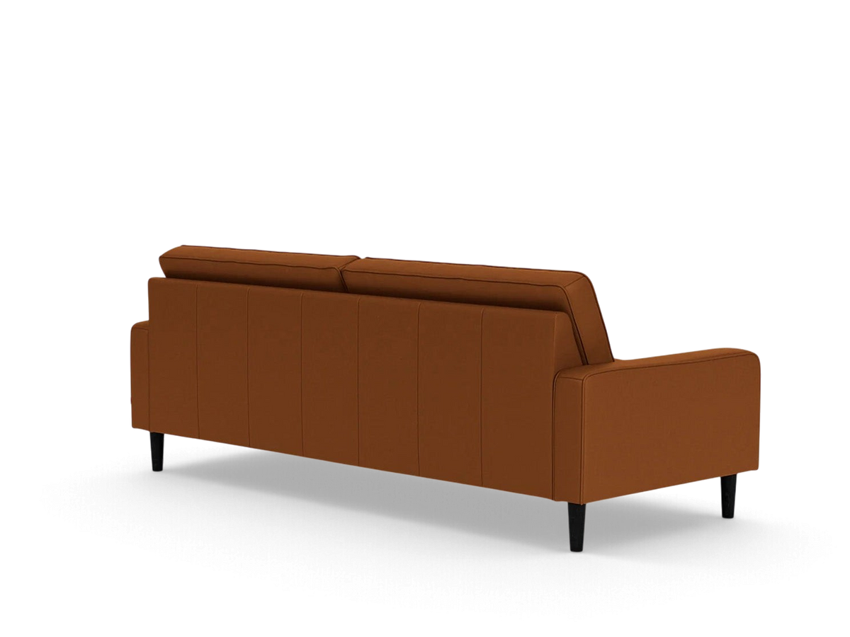 urbane EQ3 Reverie 86-inch sofa in a rich brown fabric with tapered black legs, viewed from the back