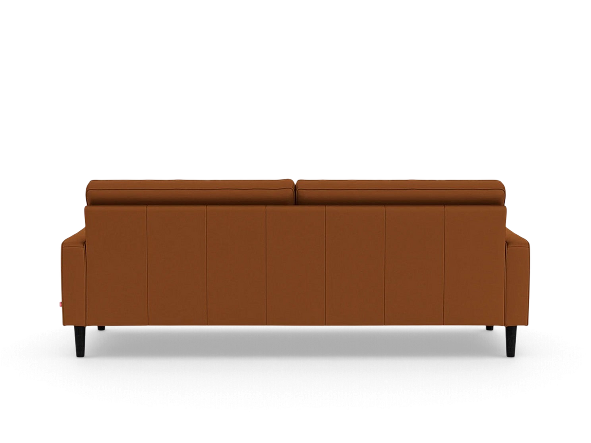 urbane EQ3 Reverie 86-inch sofa in brown fabric with button-tufted back and tapered wooden legs, back view.