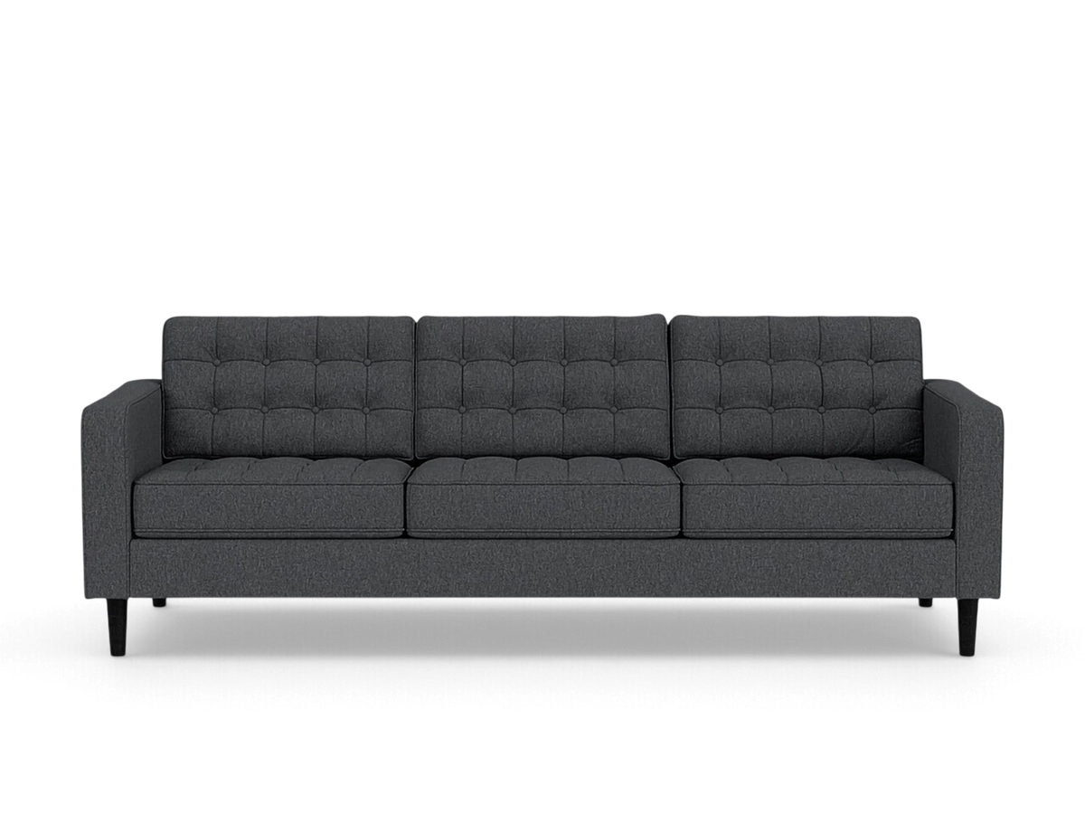 urbane EQ3 Reverie 92-inch charcoal grey mid-century modern sofa with button-tufted cushions and tapered wooden legs