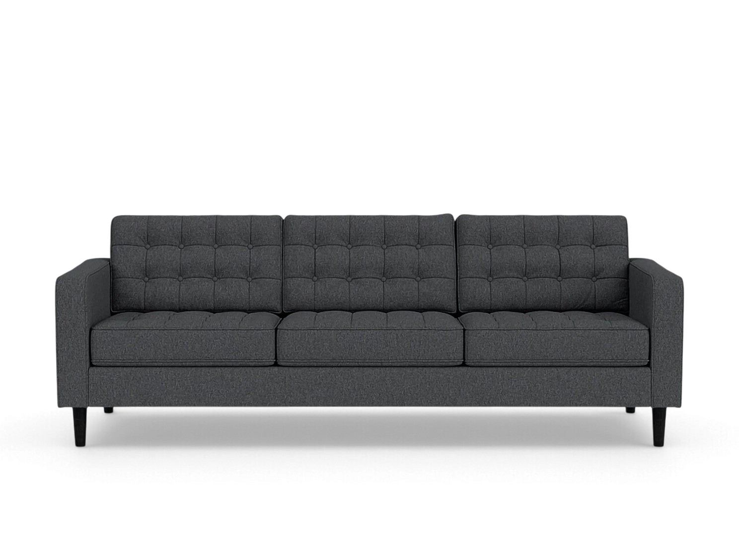 urbane EQ3 Reverie 92-inch charcoal grey mid-century modern sofa with button-tufted cushions and tapered wooden legs