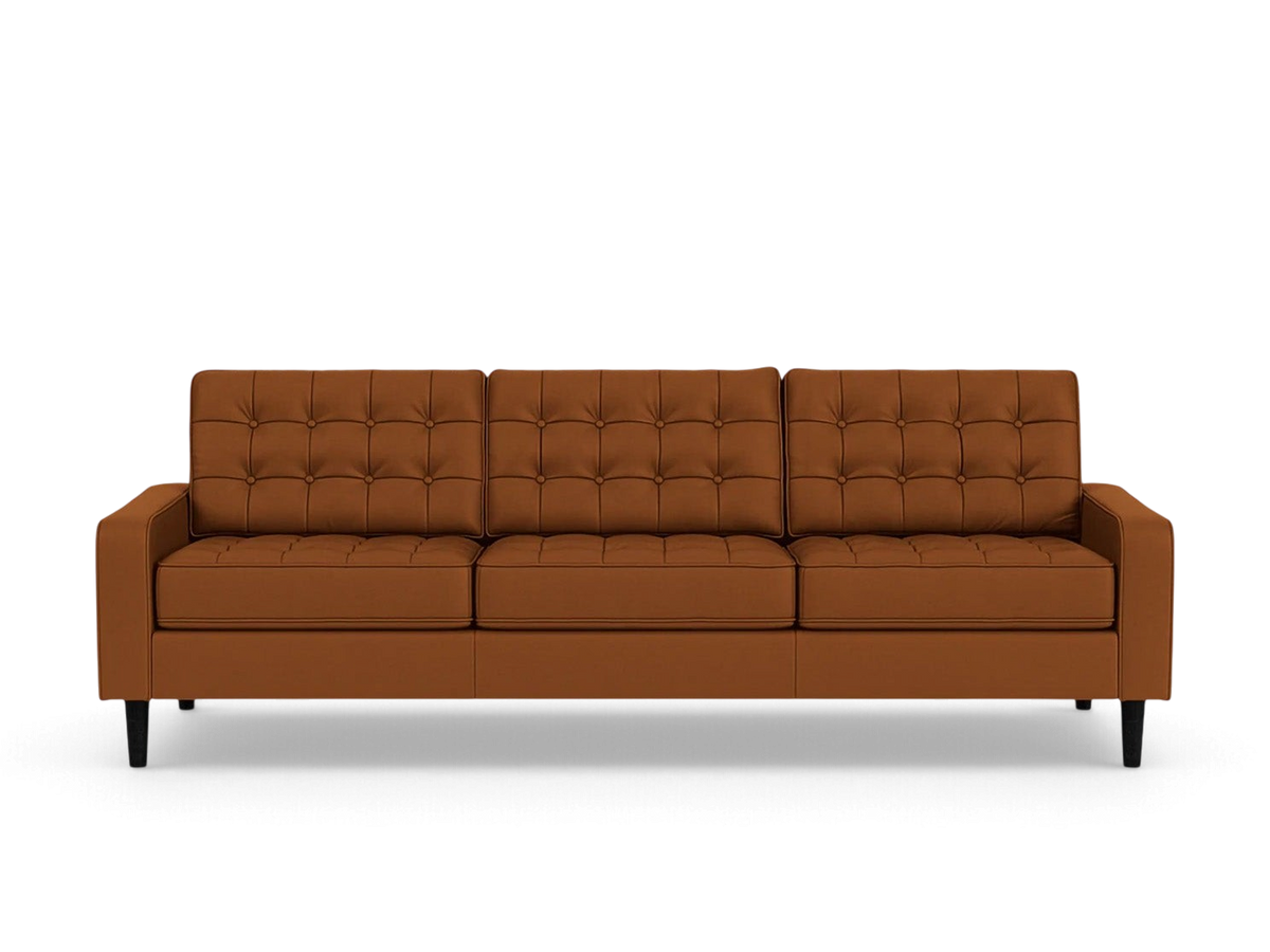 urbane EQ3 Reverie 92-inch mid-century modern sofa in brown with button-tufted cushions and tapered wooden legs