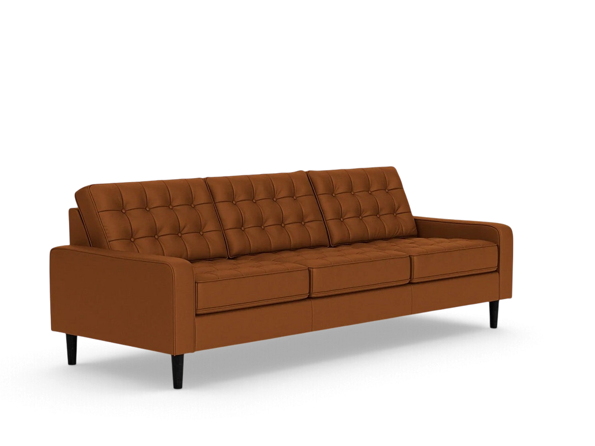 urbane EQ3 Reverie 92-inch mid-century modern sofa in rust fabric with button-tufted cushions and tapered black legs