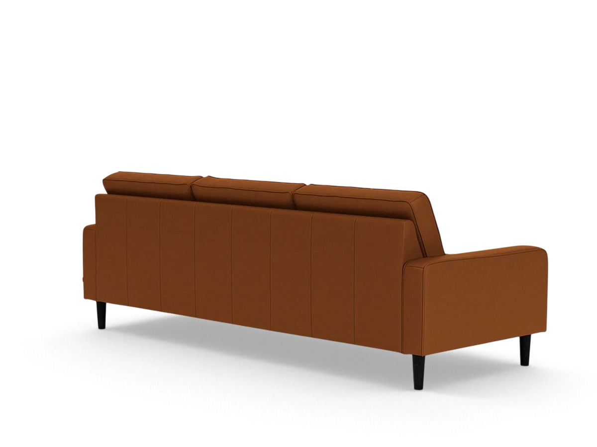 urbane EQ3 Reverie 92-inch mid-century modern sofa in brown fabric with tapered black wooden legs, back view