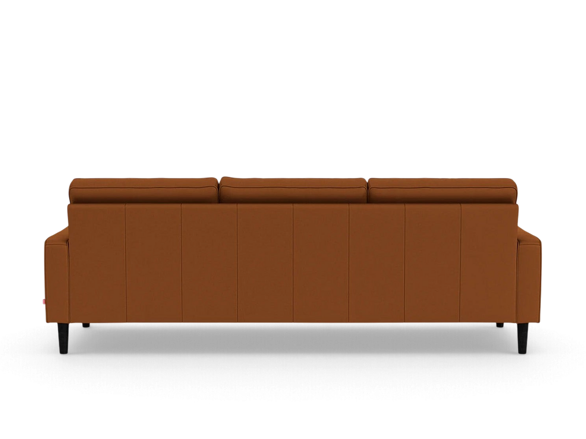urbane EQ3 Reverie 92-inch sofa in a rich brown fabric with a mid-century modern design and tapered wooden legs