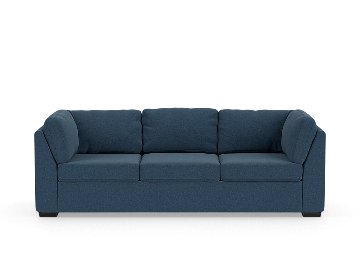 urbane EQ3 Salema sleeper sofa in blue fabric with a modern three-cushion design and low profile