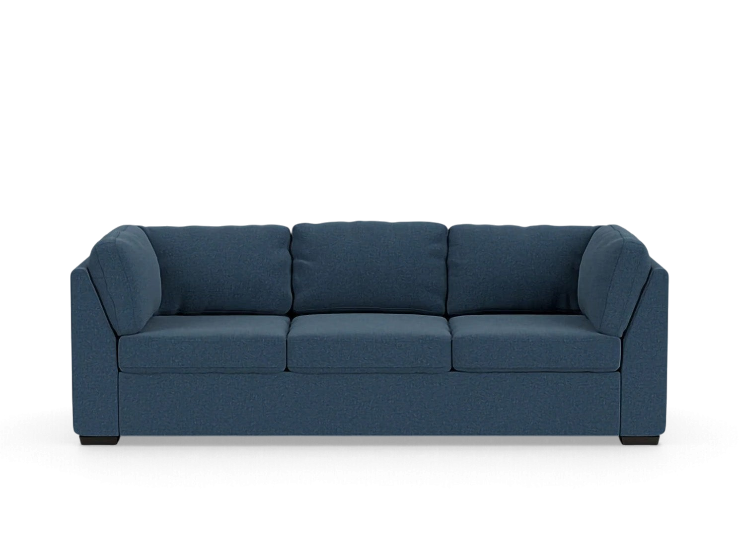 urbane EQ3 Salema sleeper sofa in blue fabric with a modern three-cushion design and low profile