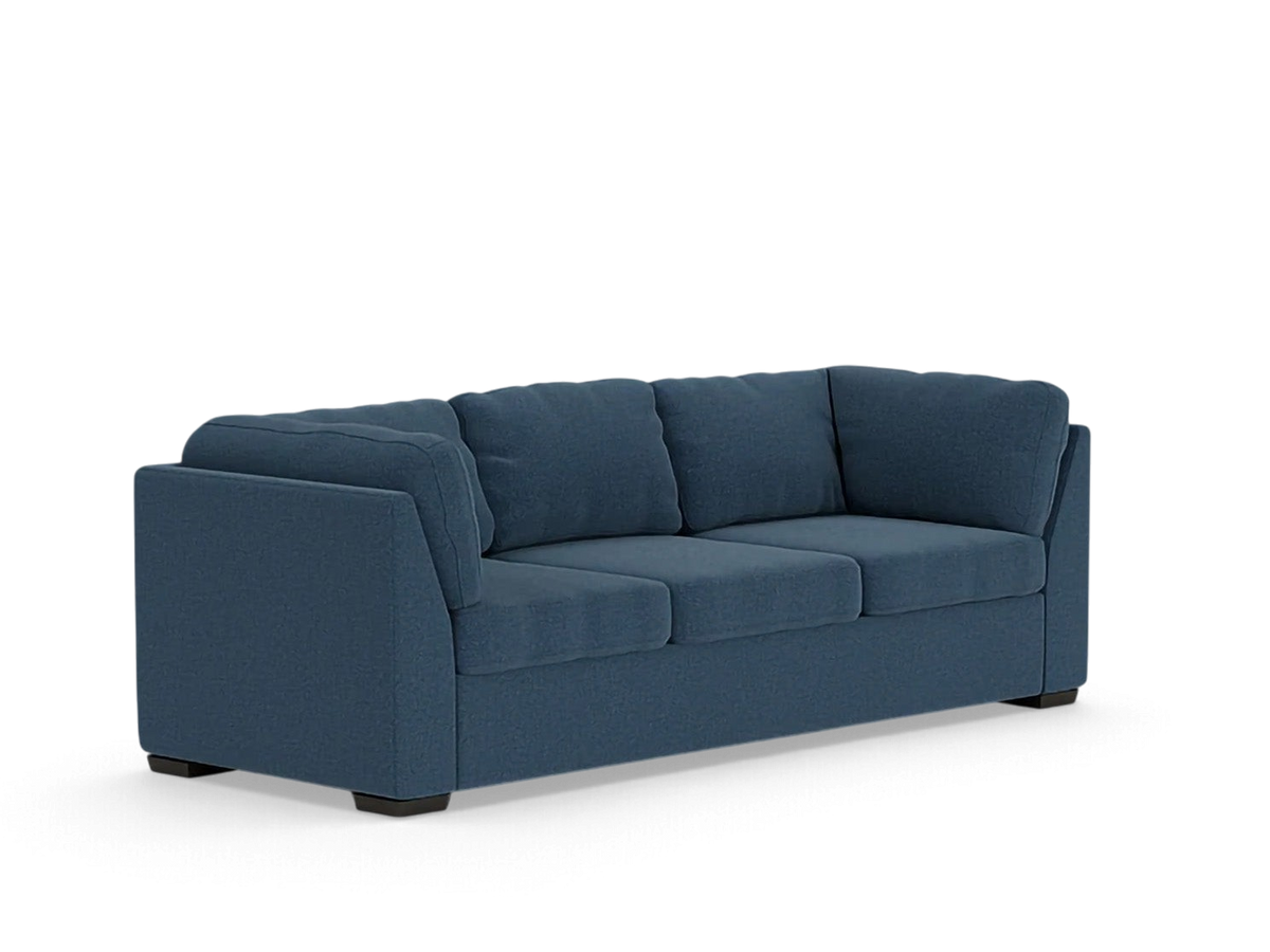 urbane EQ3 Salema sleeper sofa in a deep blue fabric with a modern, laid-back design and low profile