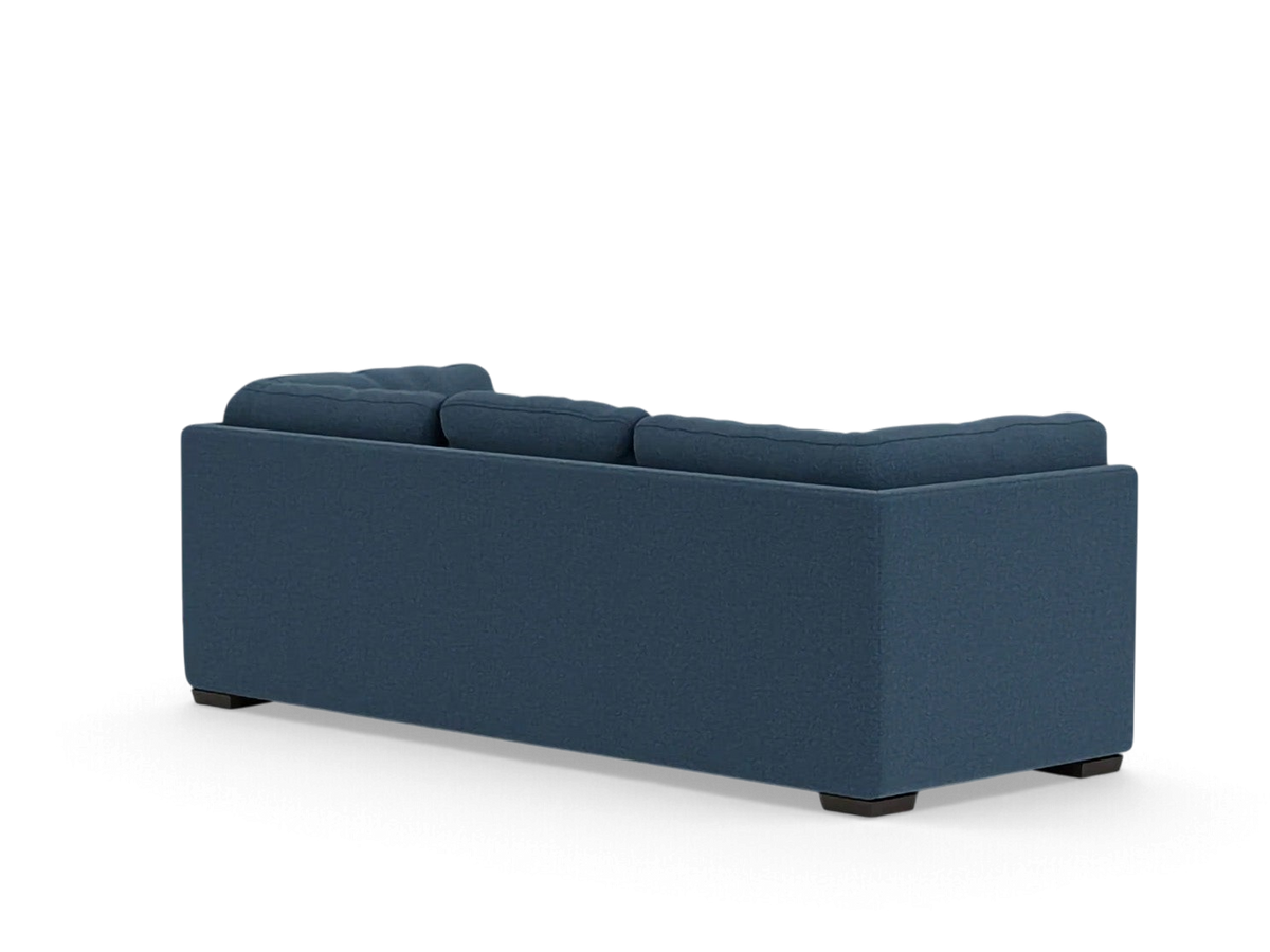 Back view of the blue upholstered Salema sleeper sofa by urbane EQ3 with a clean, modern design.