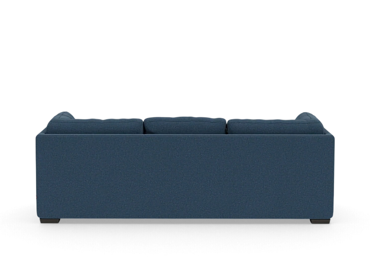 urbane EQ3 Salema sleeper sofa in blue fabric, back view showing clean lines and modern upholstered design