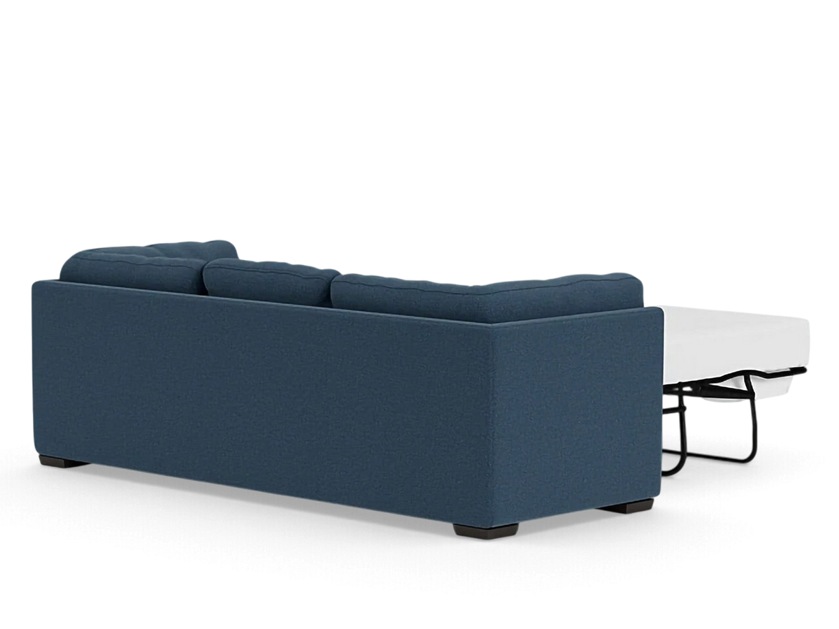 urbane EQ3 Salema sleeper sofa in blue fabric shown from the back with the pull-out bed mechanism extended