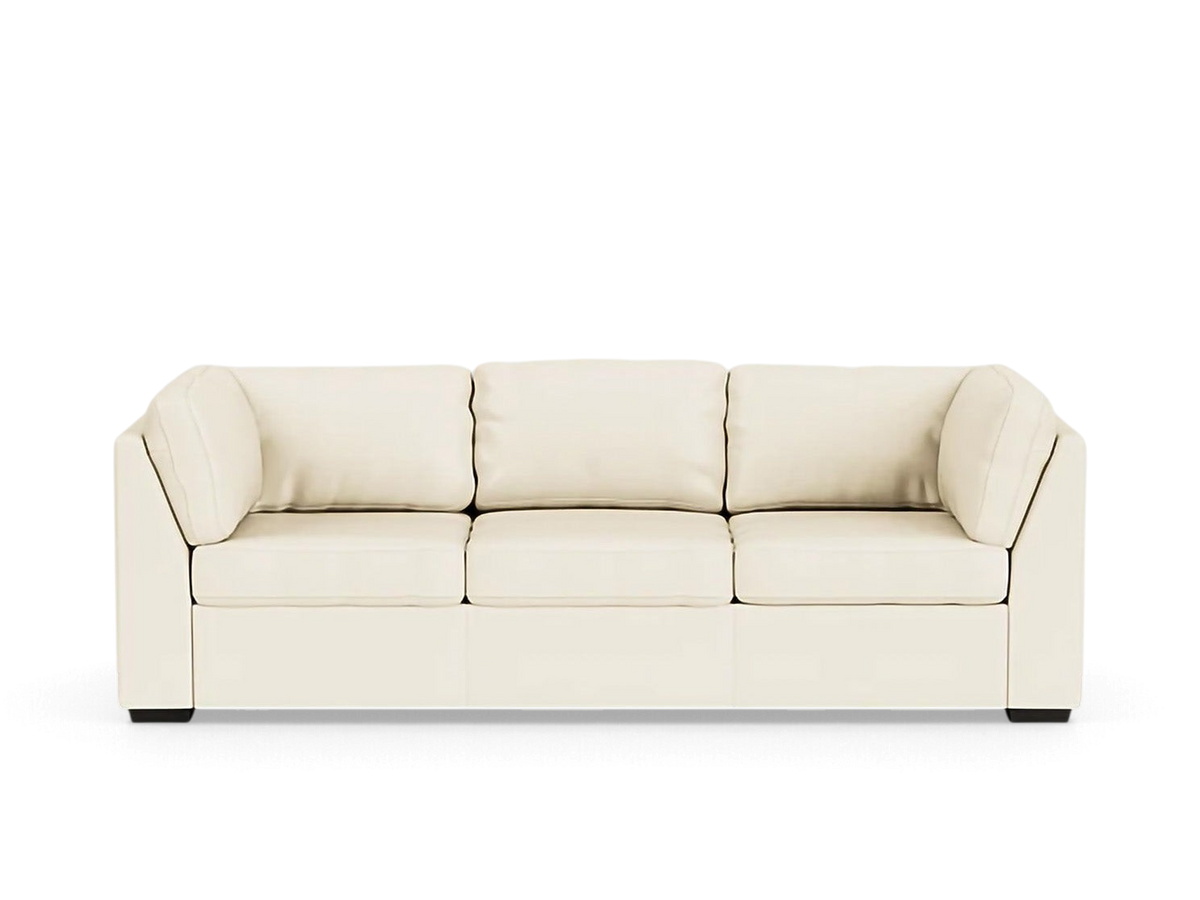 urbane EQ3 Salema sleeper sofa in a cream fabric with a modern, laid-back design and three-cushion seating.
