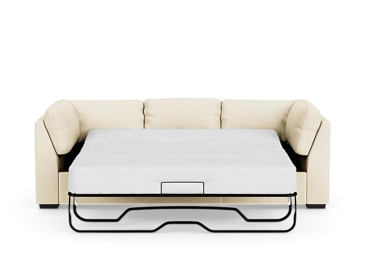 urbane EQ3 Salema sleeper sofa in cream upholstery with a pull-out mattress extended for guest use