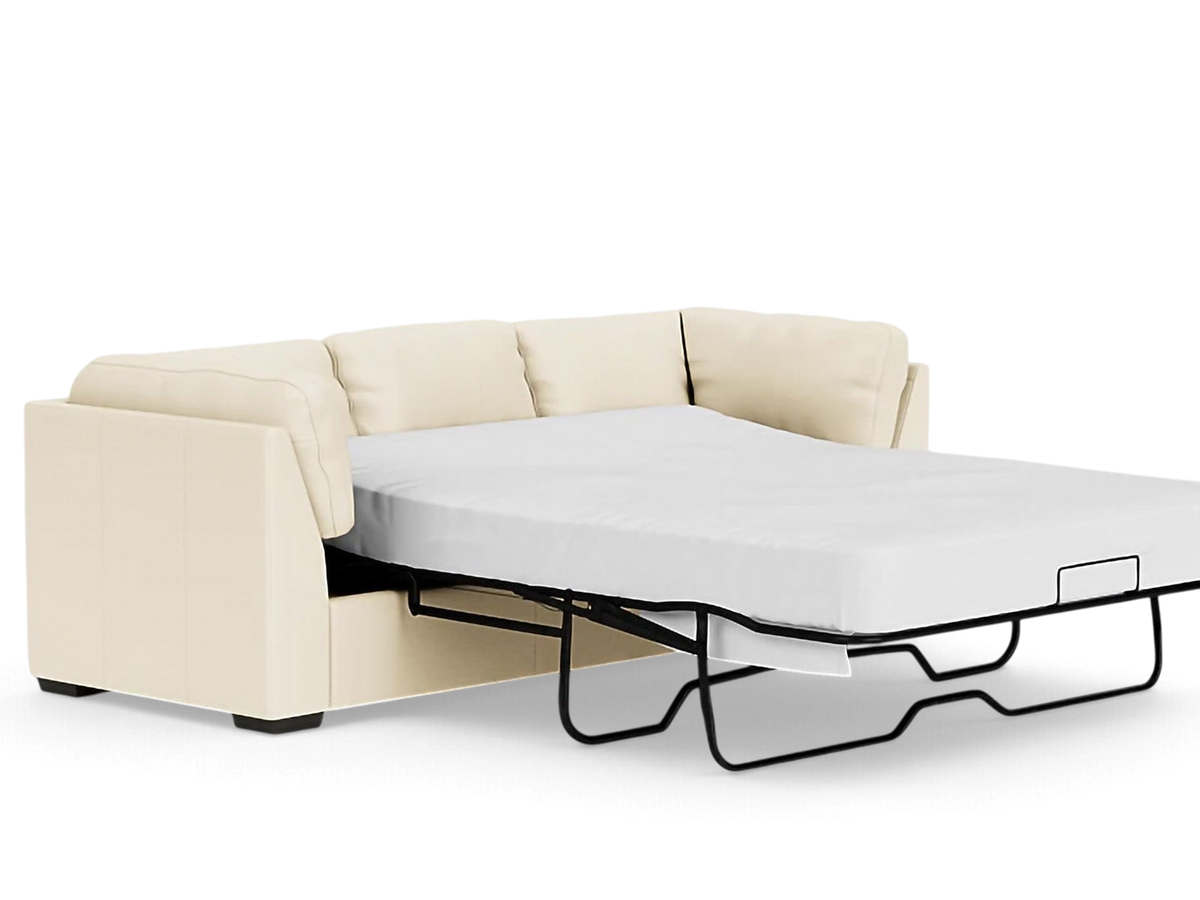urbane EQ3 Salema sleeper sofa in cream fabric with a pull-out mattress extended for guest use