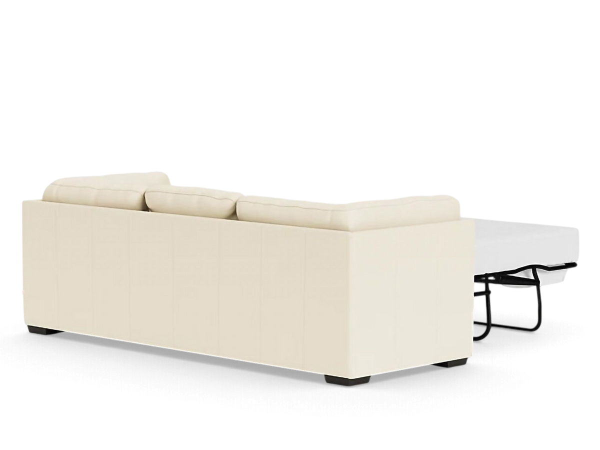 urbane EQ3 Salema sleeper sofa in cream upholstery shown from the back with the bed mechanism partially extended