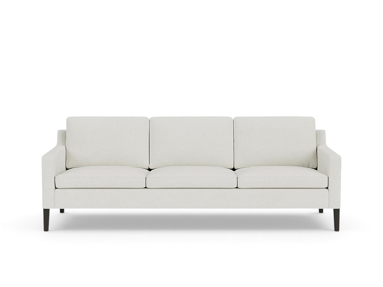 urbane EQ3 Skye sofa in a light beige fabric with a mid-century modern design and tapered dark wood legs
