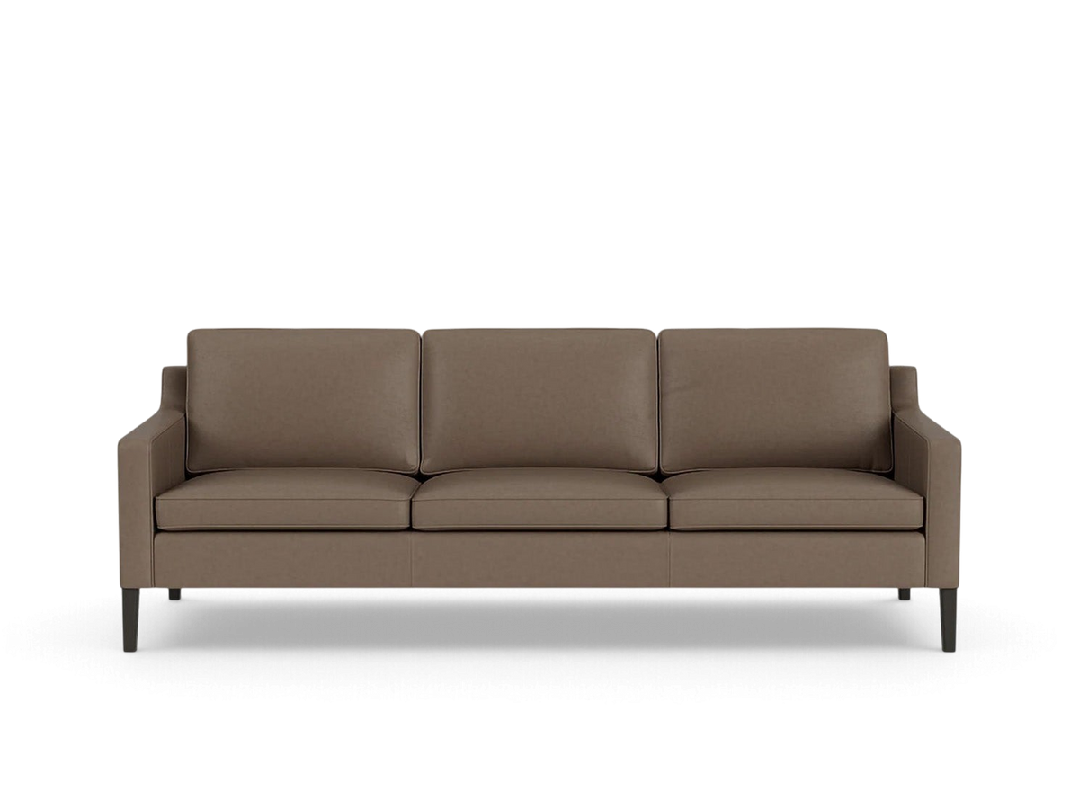 urbane EQ3 Skye sofa in brown leather with a mid-century modern design and slim tapered black legs